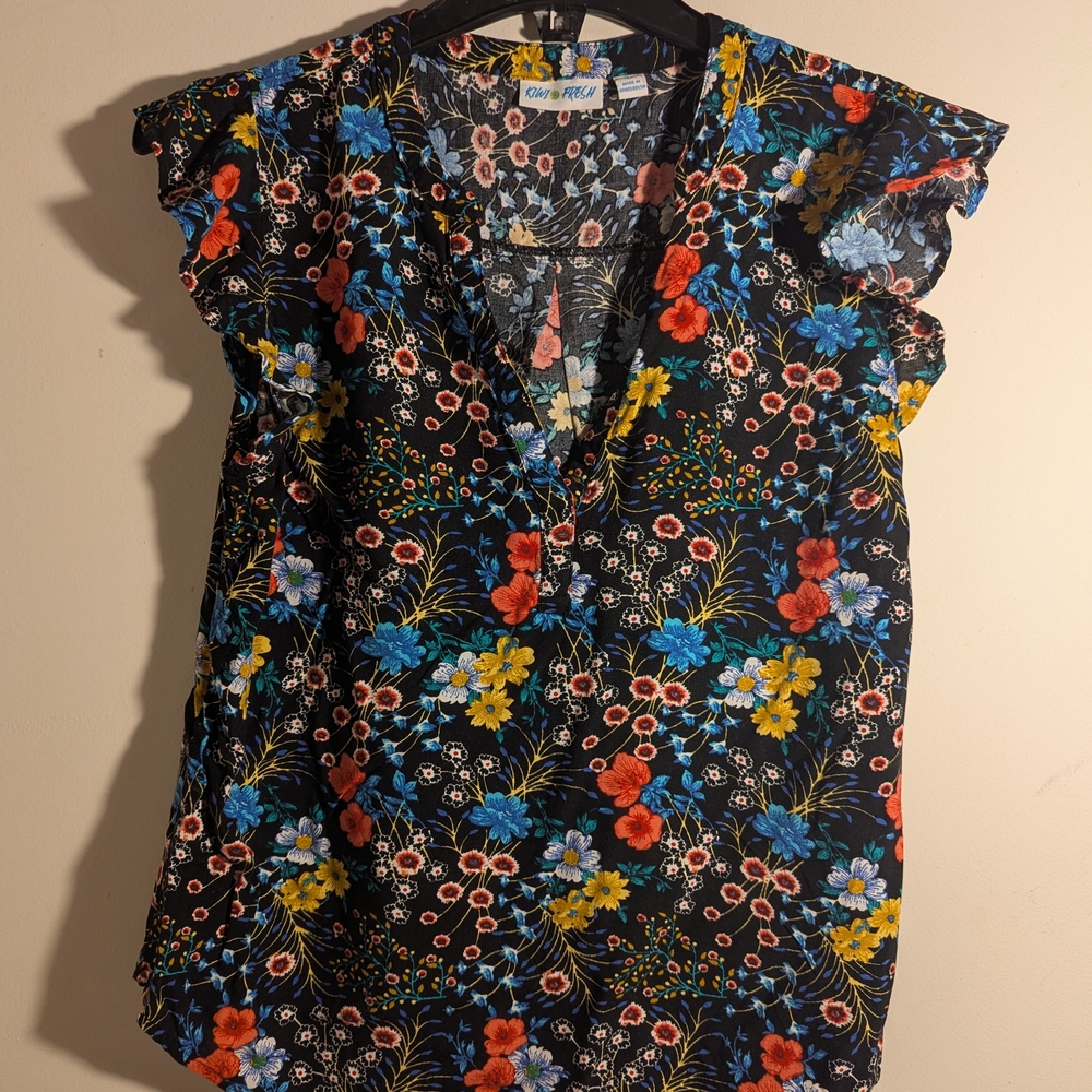 Blue and Yellow Ruffled Wrap Cap Sleeve Blouse